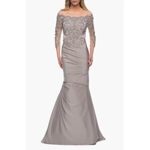 La Femme Satin Mermaid Gown Off the Shoulder Lace Bodice Silver Size 8 NWT 29324